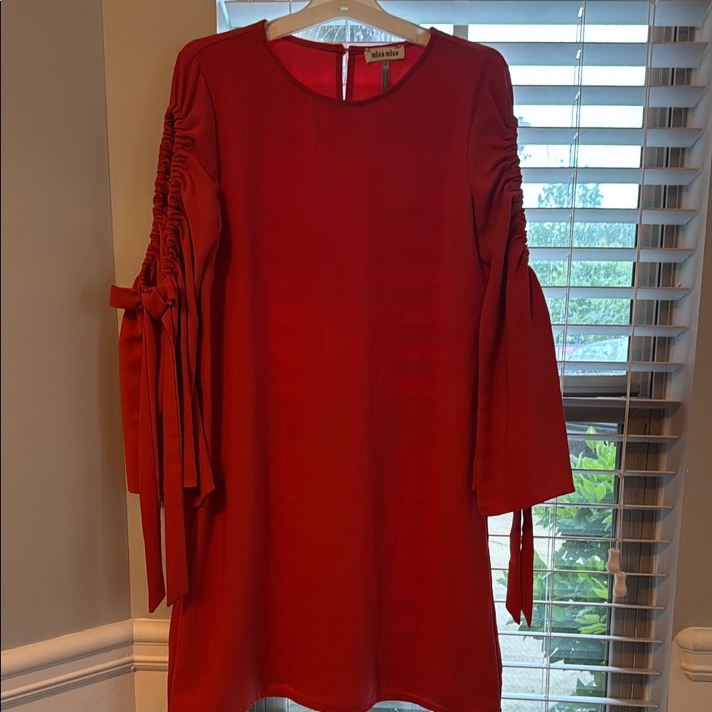 Red Mini Dress with Ruched Sleeves